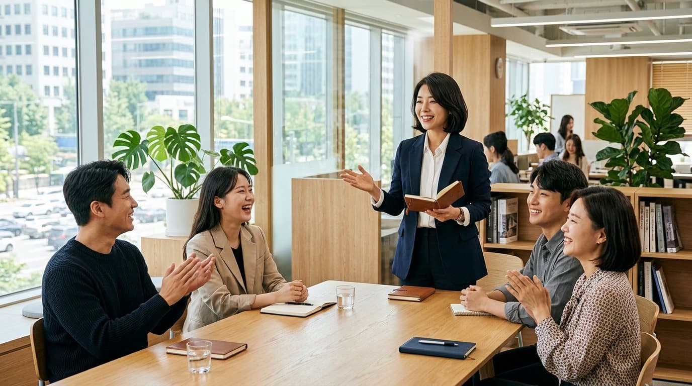 오후 1시 5분 스피치를 하는 직원과 듣는 동료들 — AI 합성 이미지
