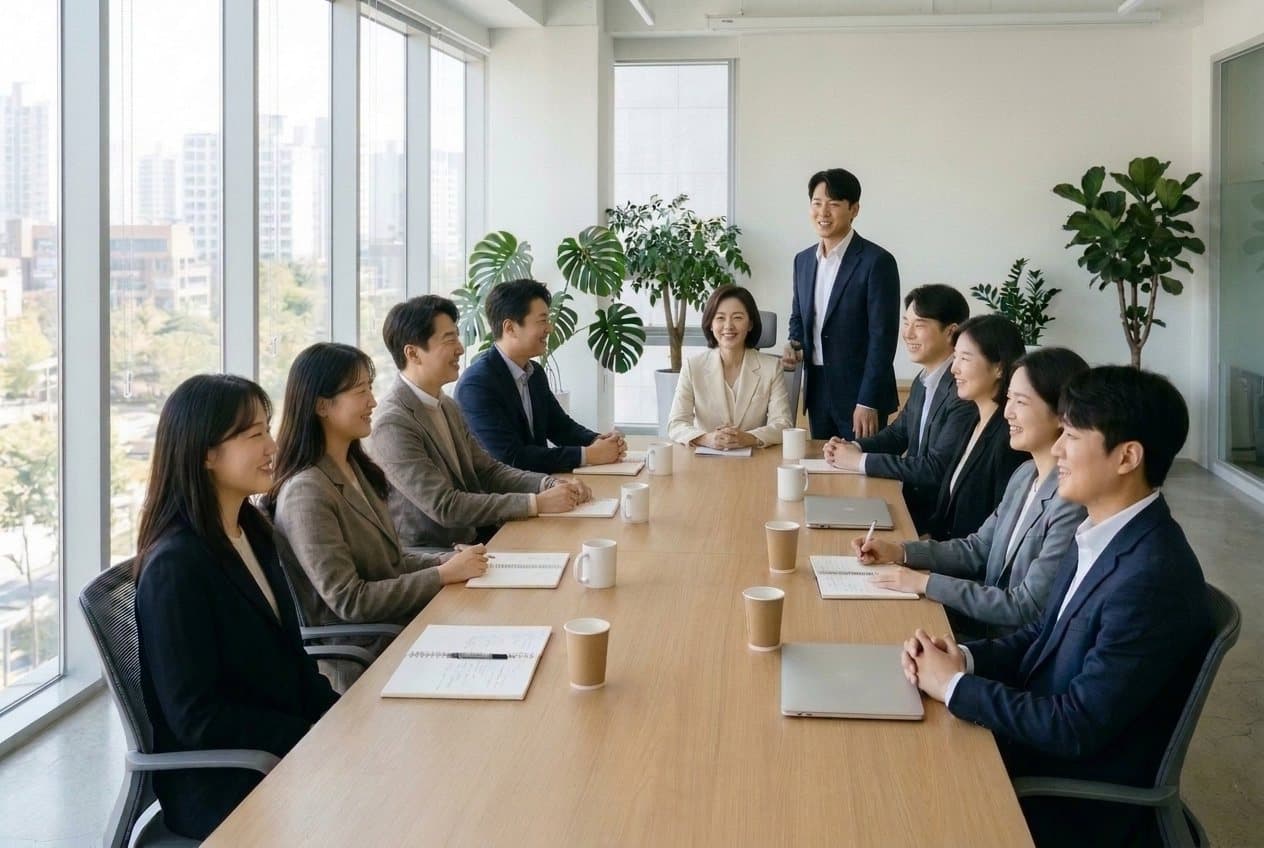 한 동료의 5분 스피치에 귀 기울이는 유닛 모임 — AI 합성 이미지