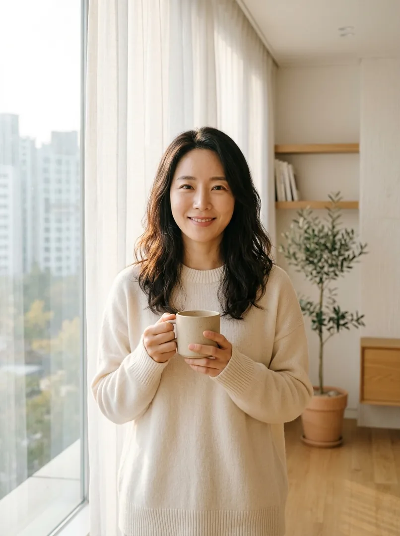 햇살 드는 창가에서 미소 짓는 분위기 사진