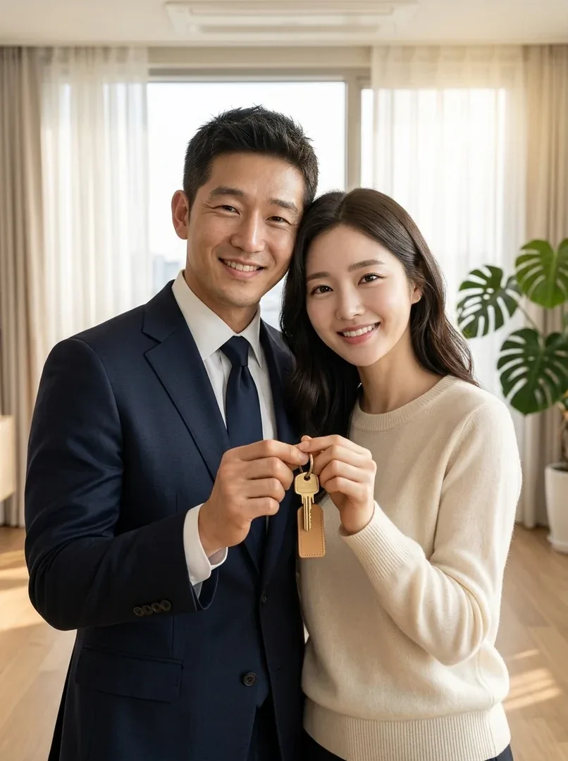 새 집 열쇠를 함께 들고 환하게 웃는 부부 분위기 사진